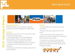 BEST PRACTICES
PLUS Openings in Bulgaria




                            Project Objectives                                  Results
                            PLUS Discount was to officially open 24             - an atmosphere of excitement among
                            outlets in 21 cities in Bulgaria in 2009/2010.      customers
                                                                                - feeling of having a special day at the
                            Solution                                            stores
                            Integrated execution over 2 consecutive days        - active interaction with customers &
                            for each opening event:                             giving away promo materials to introduce
                            - official opening by PLUS management               the brand more personally
                            representative and community officials
                            - branded setting, staging & decoration             - community awareness and regional
                            - attractive leaflet distribution in city centres   media buzz about PLUS being the first
                            - distribution of branded materials with            international discount chain entering the
                            purchase                                            Bulgarian market
                            - welcoming cocktail & sampling with private
                            label products
 
