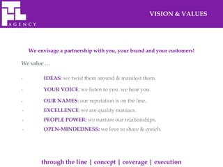 VISION & VALUES




    We envisage a partnership with you, your brand and your customers!

We value …

*         IDEAS: we twist them around & manifest them.

*         YOUR VOICE: we listen to you. we hear you.

*         OUR NAMES: our reputation is on the line.
*         EXCELLENCE: we are quality maniacs.
*         PEOPLE POWER: we nurture our relationships.
*         OPEN-MINDEDNESS: we love to share & enrich.




         through the line | concept | coverage | execution
 