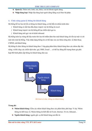 TIME TRUE LIFE COMPANY
Bản mô tả chức năng TTL IP Call Center Trang 14
Quản lý: Thêm mới, hỉnh, sửa, khóa, xoá tài khoản người dùng.
Nhập hàng loạt: Nhập liệu hàng loạt người dùng bằng excel theo bộ phận.
4. Chức năng quản lý thông tin khách hàng
Hệ thống hỗ trợ lưu trữ tất cả thông tin khách hàng, có thể đến từ nhiều kênh như:
ƒ Khách hàng có sẵn ban đầu được import vào hệ thống từ excel.
ƒ Khách hang import vào hệ thống để tạo chiến dịch gọi ra.
ƒ Khách hàng mới gọi vào từ kênh inbound.
Hệ thống luôn lọc trùng dữ liệu trước khi lưu trữ nhằm đảm bảo một khách hàng chỉ tồn tại một và chỉ
một trên toàn hệ thống. Việc nhận dạng thông tin có thể dựa vào các khóa riêng như: số điện thoại,
CMND, mã khách hàng.
Hệ thống tổ chức thông tin khách hàng theo 3 lớp,giúp phân khúc khách hàng theo các nhóm đặc thù
riêng, và khi chạy các chiến dịch như: gọi, SMS, Email … có thể lọc đúng đối tượng tham gia phù
hợp.Mô hình phân cấp thông tin khách hàng như sau:
Nhóm khách
hàng
Nguồn khách
hàng
Khách hàng
Mô hình tổ chức thông tin khách hàng
Trong đó:
Nhóm khách hàng: Gồm các nhóm khách hàng theo các phân khúc phù hợp. Ví dụ: Nhóm
thông tin KH mua về, Nhóm thông tin KH đến từ Event, Internet, Tờ rơi, Inbound...
Nguồn khách hàng: nguồn gốc cụ thể khách hàng mà đến từ.
 