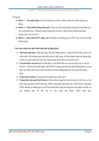 TIME TRUE LIFE COMPANY
Bản mô tả chức năng TTL IP Call Center Trang 21
Hình B.I - 1 :Mô hình hoạt động của một chiến dịch gọi tự động
Trong đó:
Bước 1 – Tạo chiến dịch: Tạo các thông tin cơ bản và thuộc tính của chiến dịch gọi tự
động.
Bước 2 – Chọn khách hàng tham gia: Chọn các đối tượng khách hàng phụ hợp tham gia
vào chiến dịch này. Thông tin khách hàng này có thể có sẵn trên hệ thống hoặc được
import mới vào từ Excel.
Bước 3 – chọn nhóm ĐTV phục vụ: Hệ thống sẽ tự động gọi các ĐTV này và kết nối đến
khách hàng.
Các chức năng của một chiến dịch gọi tự động gồm:
9 Thời gian giới hạn: Thiết lập ngày bắt đầu (Begin date) và ngày kết thúc (Due date) của
chiến dịch. Khi không thoả mãn điều kiện về thời gian, dữ liệu khách hàng sẽ không hiện
ra trên các giao diện làm việc của Agent (mặc dù đã được uỳ quyền xử lý).
9 Câu hỏi khảo sát (survey): Chiến dịch có thể đính kèm các câu hỏi khảo sát, là các bộ
câu hỏi – trả lởi được đĩnh nghĩa sẵn để ĐTV trong quá trình gọi khách hàng phục vụ mục
đích của chiến dịch này có thể hỏi khảo sát thêm những thông tin bổ sung tham khảo
khác.
9 Trạng thái (Status): Trạng thái hoạt động của chiến dịch.
9 Trạng thái cuộc gọi (Call Status): Chọn nhóm trạng thái (hay kết quả) có thể xảy ra cho
một cuộc gọi thuộc chiến dịch này. Nhóm trạng thái này được tạo ra bởi Project Manager
(PM), thường là những giá trị mà PM muốn được hiện thị trong báo cáo phân tích đối với
các trường hợp có thể xảy ra cho cuộc gọi thuộc chiến dịch này.
 