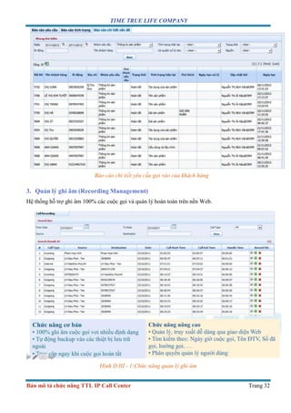 TIME TRUE LIFE COMPANY
Bản mô tả chức năng TTL IP Call Center Trang 32
Báo cáo chi tiết yêu cầu gọi vào của khách hàng
3. Quản lý ghi âm (Recording Management)
Hệ thống hỗ trợ ghi âm 100% các cuộc gọi và quản lý hoàn toàn trên nền Web.
Hình D.III - 1:Chức năng quản lý ghi âm
 