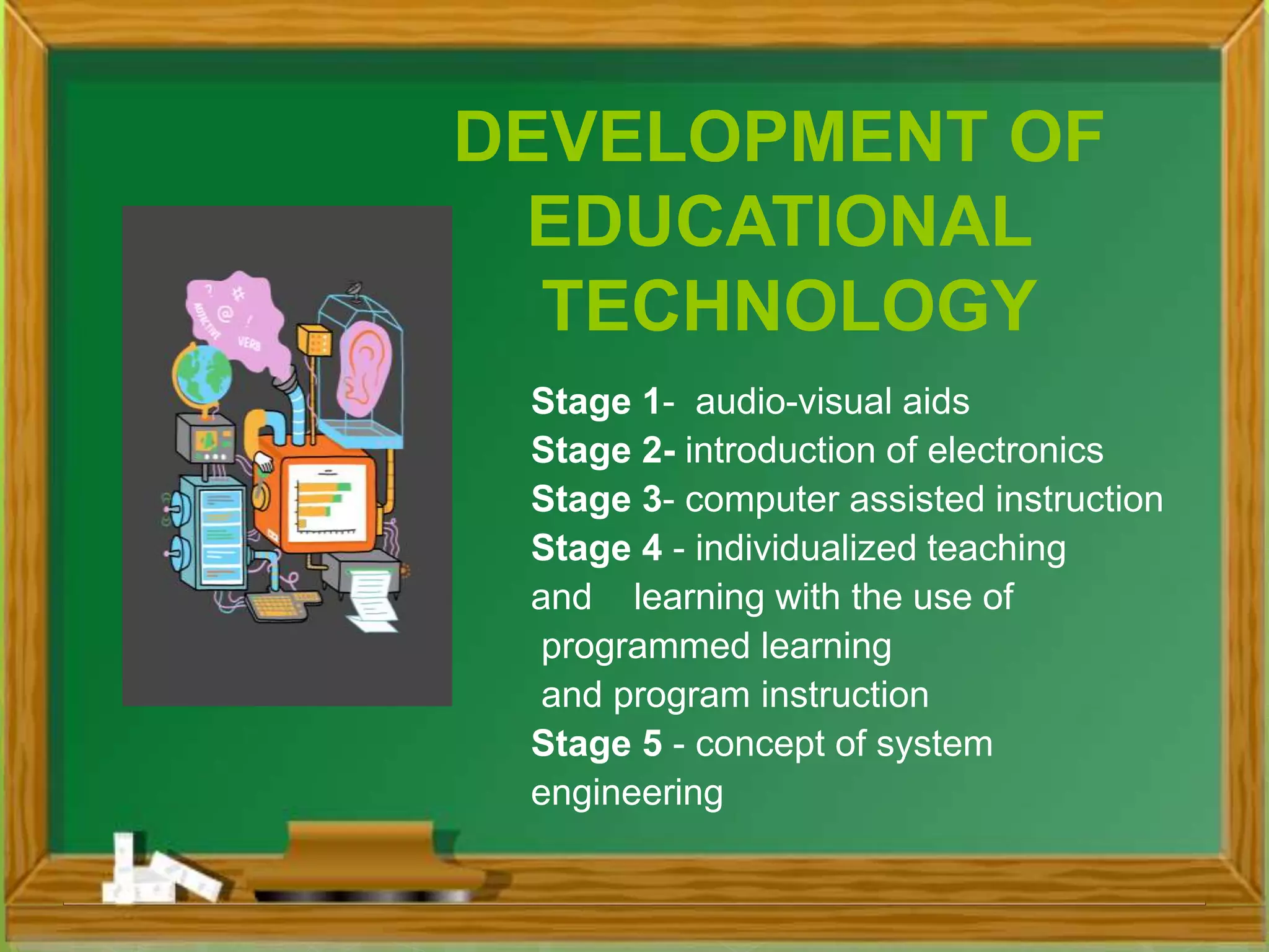 Stage 1- audio-visual aids
Stage 2- introduction of electronics
Stage 3- computer assisted instruction
Stage 4 - individualized teaching
and learning with the use of
programmed learning
and program instruction
Stage 5 - concept of system
engineering
DEVELOPMENT OF
EDUCATIONAL
TECHNOLOGY
 