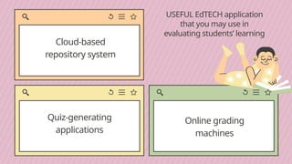 USEFUL EdTECH application
that you may use in
evaluating students’ learning
Cloud-based
repository system
Quiz-generating
applications
Online grading
machines
 