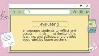 evaluating
encourages students to reflect and
assess their understanding,
learning, and abilities, and provides
opportunities future teachers.
 