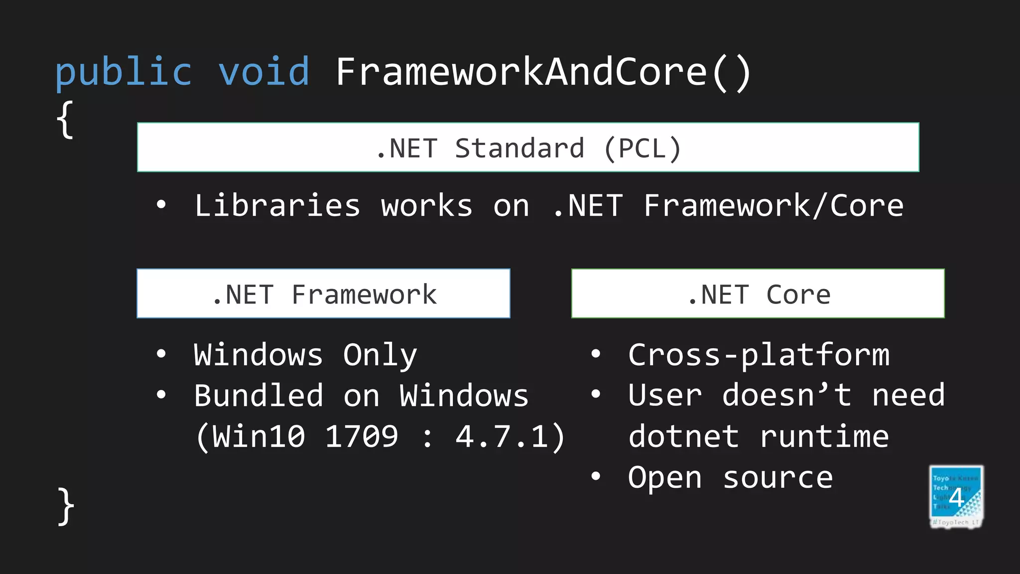 public void FrameworkAndCore()
{
4}
.NET Framework .NET Core
• Windows Only
• Bundled on Windows
(Win10 1709 : 4.7.1)
.NET Standard (PCL)
• Cross-platform
• User doesn’t need
dotnet runtime
• Open source
• Libraries works on .NET Framework/Core