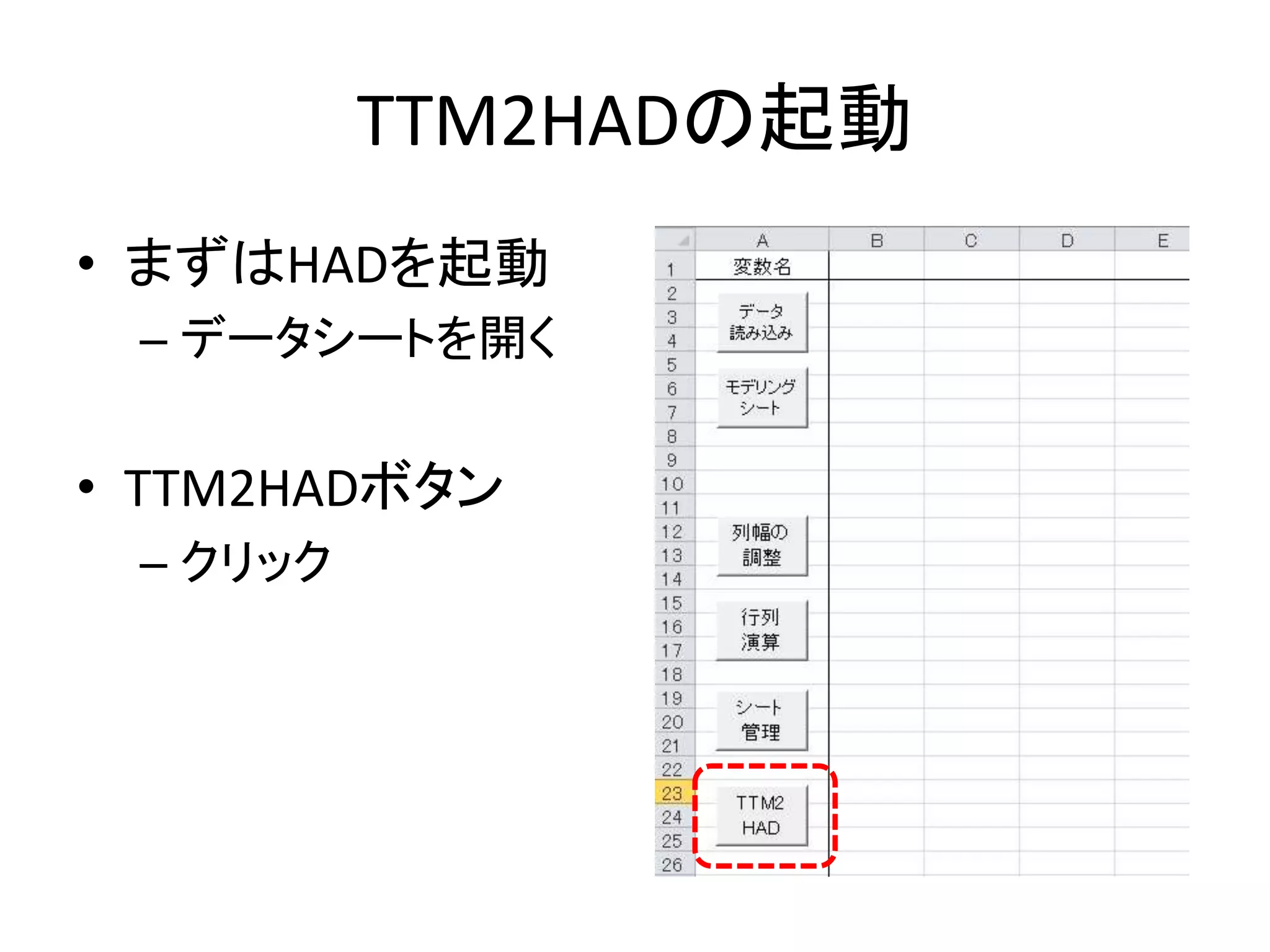 TTM2HADの起動
• まずはHADを起動
– データシートを開く
• TTM2HADボタン
– クリック
 