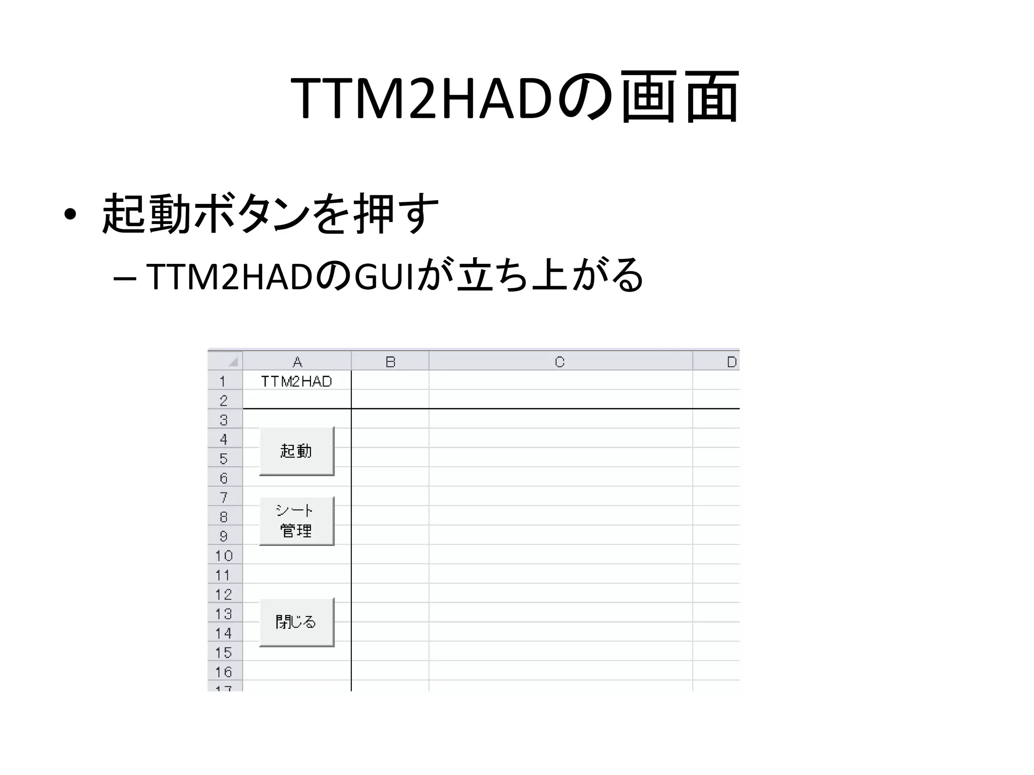 TTM2HADの画面
• 起動ボタンを押す
– TTM2HADのGUIが立ち上がる
 