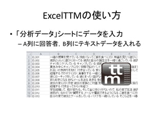 ExcelTTMの使い方
• 「分析データ」シートにデータを入力
– A列に回答者，B列にテキストデータを入れる
 