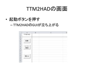 TTM2HADの画面
• 起動ボタンを押す
– TTM2HADのGUIが立ち上がる
 