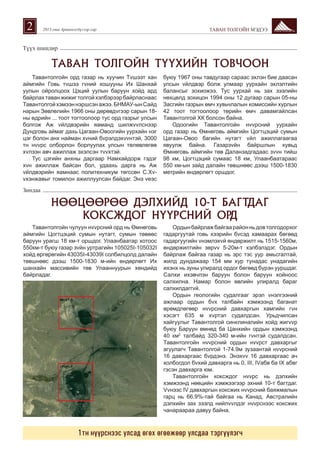 2

2013 оны Арваннэгдүгээр сар

ТАВАН ТОЛГОЙН МЭДЭЭ

Ò¿¿õ øàøäèð

ÒÀÂÀÍ ÒÎËÃÎÉÍ Ò¯¯ÕÈÉÍ ÒÎÂ×ÎÎÍ
Òàâàíòîëãîéí îðä ãàçàð íü ...