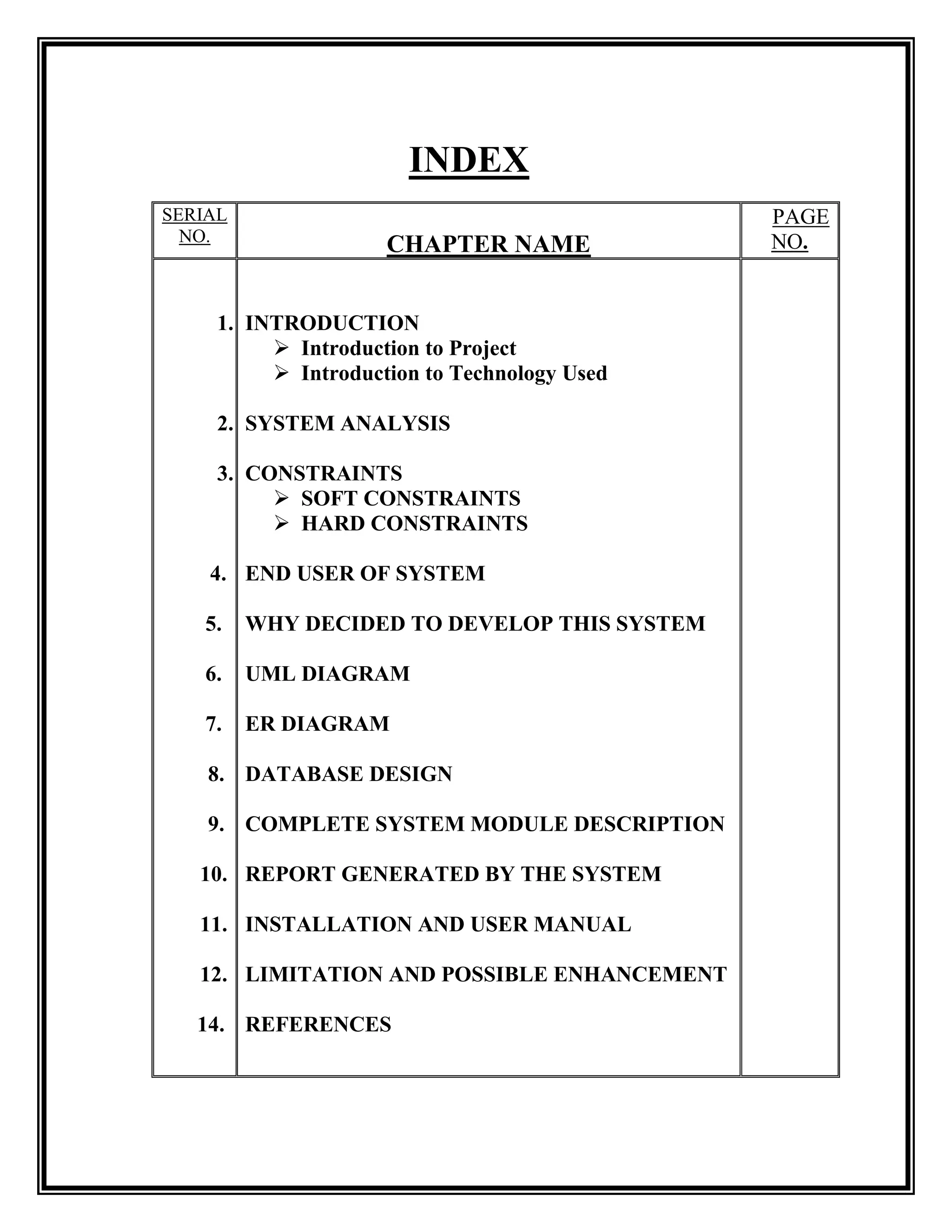 INDEX
SERIAL                                        PAGE
  NO.                                         NO.
                     CHAPTER NAME


     1. INTRODUCTION
           Introduction to Project
           Introduction to Technology Used

     2. SYSTEM ANALYSIS

     3. CONSTRAINTS
           SOFT CONSTRAINTS
           HARD CONSTRAINTS

    4. END USER OF SYSTEM

   5.    WHY DECIDED TO DEVELOP THIS SYSTEM

   6.    UML DIAGRAM

   7.    ER DIAGRAM

    8. DATABASE DESIGN

    9. COMPLETE SYSTEM MODULE DESCRIPTION

   10. REPORT GENERATED BY THE SYSTEM

   11. INSTALLATION AND USER MANUAL

   12. LIMITATION AND POSSIBLE ENHANCEMENT

   14. REFERENCES
 