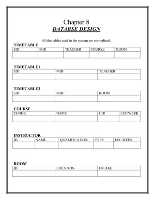 Chapter 8
                    DATABSE DESIGN
             All the tables used in the system are normalized.
TIMETABLE
SID         MID              TEACHER           COURSE            ROOM



TIMETABLE1
SID                    MID                           TEACHER



TIMETABLE2
SID                    MID                           ROOM



COURSE
CCODE                  NAME                          CID           LEC/WEEK




INSTRUCTOR
ID       NAME            QUALIFICATION            TYPE           LEC/WEEK




ROOM
ID                     LOCATION                      INTAKE
 