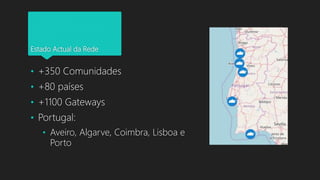 Estado Actual da Rede
• +350 Comunidades
• +80 países
• +1100 Gateways
• Portugal:
• Aveiro, Algarve, Coimbra, Lisboa e
Porto
 