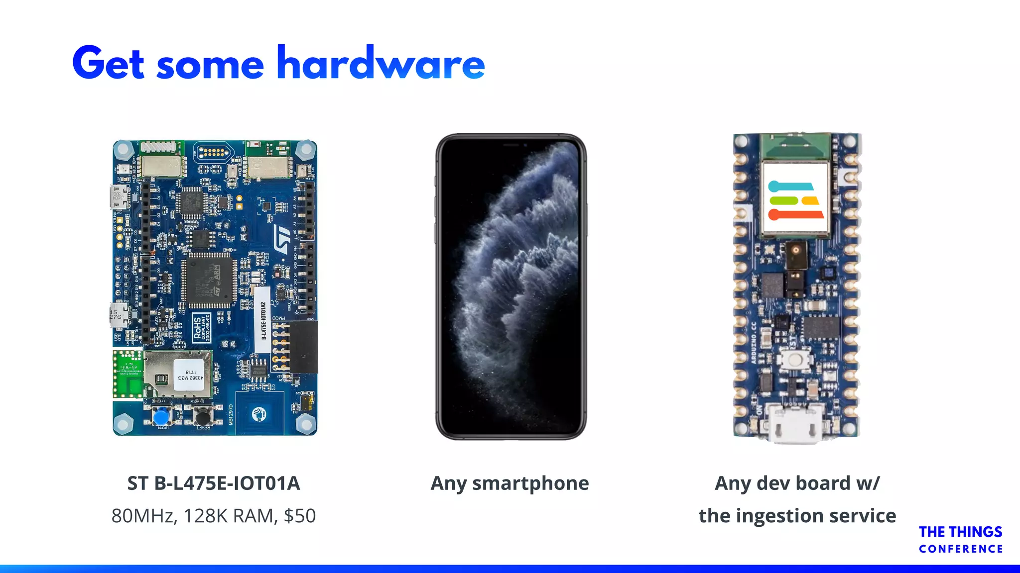 Get some hardware
ST B-L475E-IOT01A
80MHz, 128K RAM, $50
Any smartphone Any dev board w/
the ingestion service
 