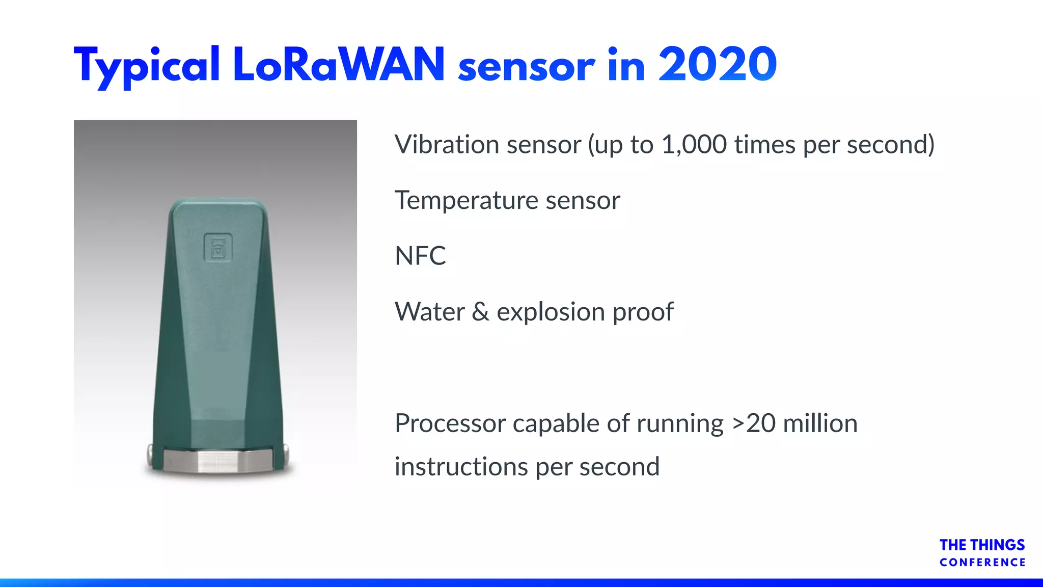 Typical LoRaWAN sensor in 2020
Vibration sensor (up to 1,000 times per second)
Temperature sensor
NFC
Water & explosion proof
Processor capable of running >20 million
instructions per second
 