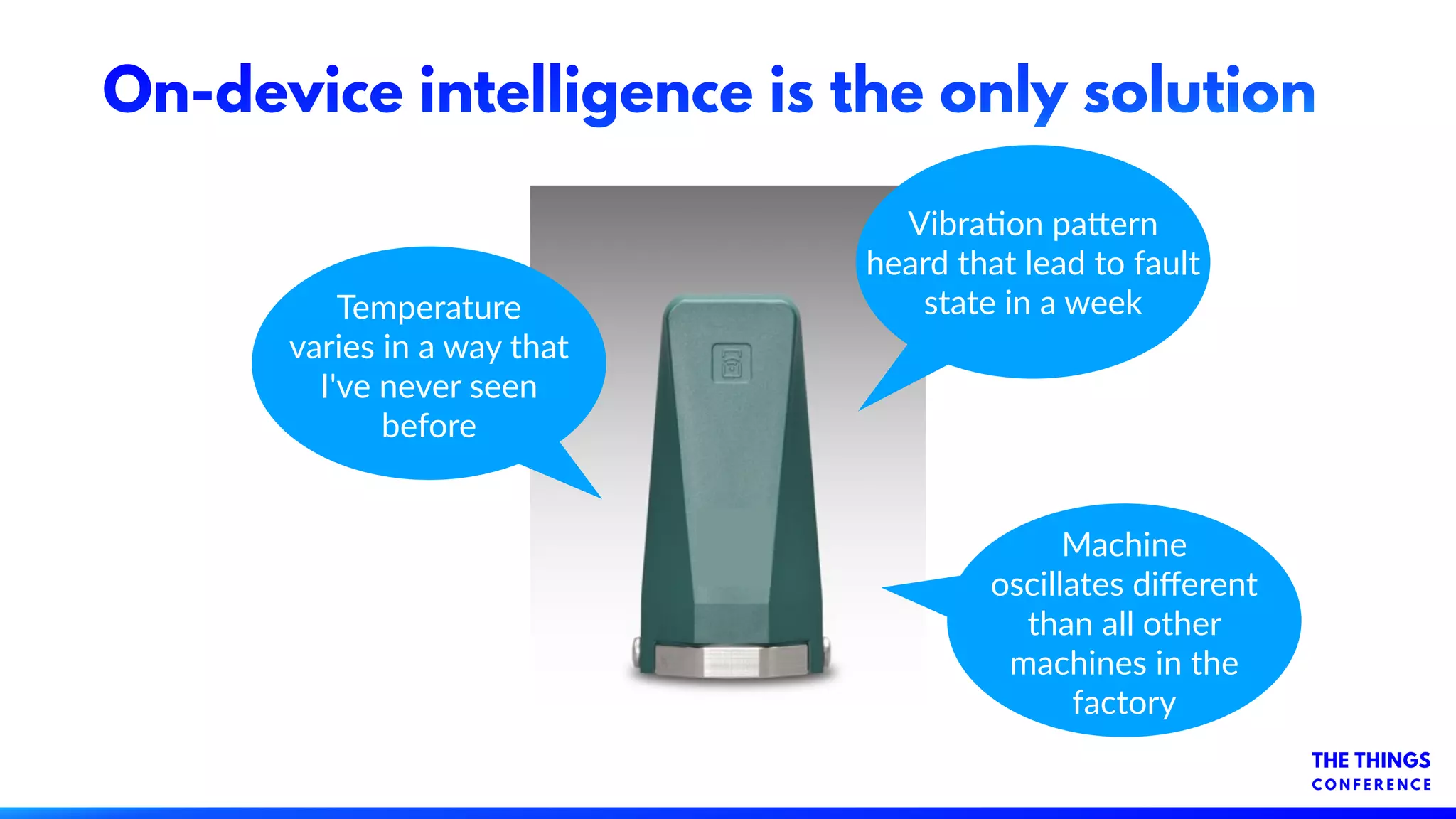 On-device intelligence is the only solution
Vibraon pa-ern
heard that lead to fault
state in a weekTemperature
varies in a way that
I've never seen
before
Machine
oscillates diﬀerent
than all other
machines in the
factory
 