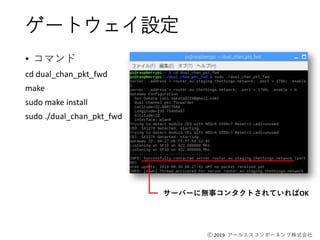 Ⓒ 2019 アールエスコンポーネンツ株式会社
ゲートウェイ設定
• コマンド
cd dual_chan_pkt_fwd
make
sudo make install
sudo ./dual_chan_pkt_fwd
サーバーに無事コンタクトされていればOK
 