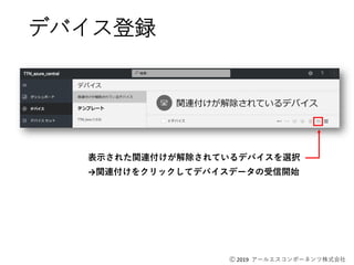 Ⓒ 2019 アールエスコンポーネンツ株式会社
デバイス登録
表示された関連付けが解除されているデバイスを選択
→関連付けをクリックしてデバイスデータの受信開始
 