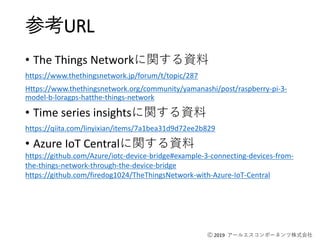 Ⓒ 2019 アールエスコンポーネンツ株式会社
参考URL
• The Things Networkに関する資料
https://www.thethingsnetwork.jp/forum/t/topic/287
Https://www.thethingsnetwork.org/community/yamanashi/post/raspberry-pi-3-
model-b-loragps-hatthe-things-network
• Time series insightsに関する資料
https://qiita.com/linyixian/items/7a1bea31d9d72ee2b829
• Azure IoT Centralに関する資料
https://github.com/Azure/iotc-device-bridge#example-3-connecting-devices-from-
the-things-network-through-the-device-bridge
https://github.com/firedog1024/TheThingsNetwork-with-Azure-IoT-Central
 