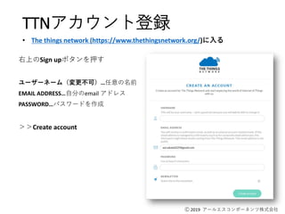 Ⓒ 2019 アールエスコンポーネンツ株式会社
TTNアカウント登録
右上のSign upボタンを押す
ユーザーネーム（変更不可）…任意の名前
EMAIL ADDRESS…自分のemail アドレス
PASSWORD…パスワードを作成
＞＞Create account
• The things network (https://www.thethingsnetwork.org/)に入る
 