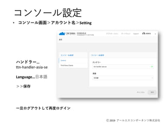Ⓒ 2019 アールエスコンポーネンツ株式会社
コンソール設定
ハンドラー…
ttn-handler-asia-se
Language…日本語
＞＞保存
一旦ログアウトして再度ログイン
• コンソール画面＞アカウント名＞Setting
 