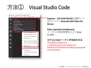 Ⓒ 2019 アールエスコンポーネンツ株式会社
方法① Visual Studio Code
Explorer＞IOT HUB DEVICEを選択して
右クリック＞Generate SAS Token for
Device
Enter expiration time(hours)…
トークンの保持時間を入力＞Enter
ex.5000
ログ上にSASトークンが生成される
"SharedAccessSignature
sr={iothubname}.azure-devices.net
%2Fdevices%2F{devicename}&sig=xxxxxxxxx&
se=xxxxxxxxxxx"
 