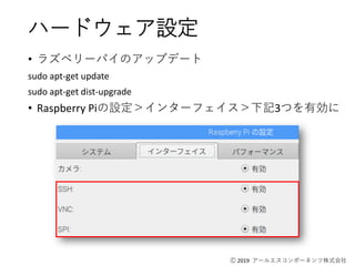 Ⓒ 2019 アールエスコンポーネンツ株式会社
ハードウェア設定
• ラズベリーパイのアップデート
sudo apt-get update
sudo apt-get dist-upgrade
• Raspberry Piの設定＞インターフェイス＞下記3つを有効に
 