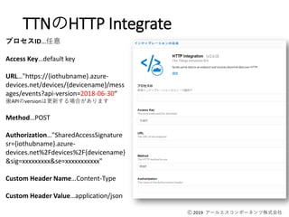 Ⓒ 2019 アールエスコンポーネンツ株式会社
TTNのHTTP Integrate
プロセスID…任意
Access Key…default key
URL…"https://{iothubname}.azure-
devices.net/devices/{devicename}/mess
ages/events?api-version=2018-06-30“
※APIのversionは更新する場合があります
Method…POST
Authorization…"SharedAccessSignature
sr={iothubname}.azure-
devices.net%2Fdevices%2F{devicename}
&sig=xxxxxxxxx&se=xxxxxxxxxxx"
Custom Header Name…Content-Type
Custom Header Value…application/json
 