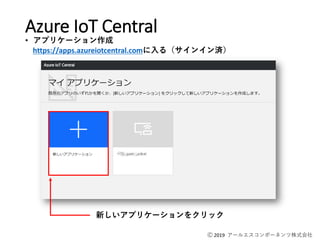 Ⓒ 2019 アールエスコンポーネンツ株式会社
Azure IoT Central
• アプリケーション作成
新しいアプリケーションをクリック
https://apps.azureiotcentral.comに入る（サインイン済）
 