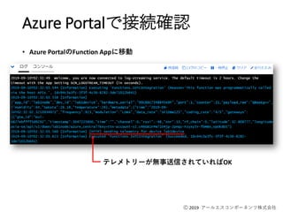 Ⓒ 2019 アールエスコンポーネンツ株式会社
Azure Portalで接続確認
• Azure PortalのFunction Appに移動
テレメトリーが無事送信されていればOK
 