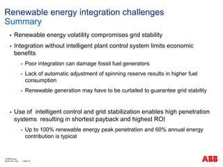  Renewable energy volatility compromises grid stability
 Integration without intelligent plant control system limits economic
benefits
 Poor integration can damage fossil fuel generators
 Lack of automatic adjustment of spinning reserve results in higher fuel
consumption
 Renewable generation may have to be curtailed to guarantee grid stability
 Use of intelligent control and grid stabilization enables high penetration
systems resulting in shortest payback and highest ROI
 Up to 100% renewable energy peak penetration and 60% annual energy
contribution is typical
Renewable energy integration challenges
Summary
Month DD, Year | Slide 15
© ABB Group
 