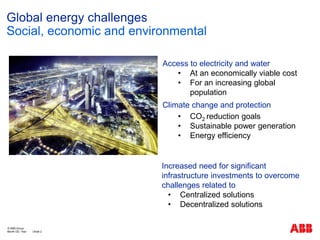 Global energy challenges
Social, economic and environmental
Month DD, Year | Slide 2
© ABB Group
Access to electricity and water
• At an economically viable cost
• For an increasing global
population
Climate change and protection
• CO2 reduction goals
• Sustainable power generation
• Energy efficiency
Increased need for significant
infrastructure investments to overcome
challenges related to
• Centralized solutions
• Decentralized solutions
 