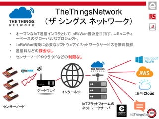 TheThingsNetwork
（ザ シングス ネットワーク）
• オープンなIoT通信インフラとしてLoRaWan普及を目指す、コミュニティ
ーベースのグローバルなプロジェクト。
• LoRaWan構築に必要なソフトウェアやネットワークサービスを無料提供
• 通信料などの課金なし
• センサーノードやクラウドなどの制限なし
センサーノード
ゲートウェイ インターネット
IoTプラットフォームの
ネットワークサーバ
 