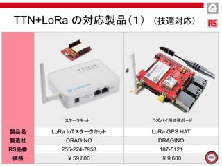 製品名 LoRa IoTスタータキット LoRa GPS HAT
製造社 DRAGINO DRAGINO
RS品番 255-224-7958 187-5121
価格 ¥ 59,800 ¥ 9,600
TTN+LoRa の対応製品（１） （技適対応）
ラズパイ用拡張ボードスタータキット
 