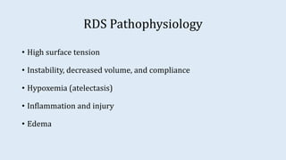 RDS Pathophysiology
• High surface tension
• Instability, decreased volume, and compliance
• Hypoxemia (atelectasis)
• Inflammation and injury
• Edema
 