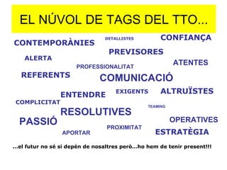 EL NÚVOL DE TAGS DEL TTO... PROXIMITAT COMPLICITAT ATENTES OPERATIVES PASSIÓ TEAMING RESOLUTIVES EXIGENTS CONFIANÇA PREVISORES DETALLISTES PROFESSIONALITAT ALTRUÏSTES ALERTA REFERENTS ENTENDRE CONTEMPORÀNIES APORTAR COMUNICACIÓ ...el futur no sé si depèn de nosaltres però...ho hem de tenir present!!! ESTRATÈGIA 