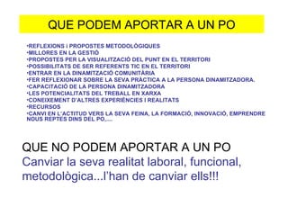 QUE PODEM APORTAR A UN PO REFLEXIONS i PROPOSTES METODOLÒGIQUES MILLORES EN LA GESTIÓ PROPOSTES PER LA VISUALITZACIÓ DEL PUNT EN EL TERRITORI POSSIBILITATS DE SER REFERENTS TIC EN EL TERRITORI ENTRAR EN LA DINAMITZACIÓ COMUNITÀRIA FER REFLEXIONAR SOBRE LA SEVA PRÀCTICA A LA PERSONA DINAMITZADORA. CAPACITACIÓ DE LA PERSONA DINAMITZADORA LES POTENCIALITATS DEL TREBALL EN XARXA CONEIXEMENT D’ALTRES EXPERIÈNCIES I REALITATS RECURSOS CANVI EN L’ACTITUD VERS LA SEVA FEINA, LA FORMACIÓ, INNOVACIÓ, EMPRENDRE NOUS REPTES DINS DEL PO,.... QUE NO PODEM APORTAR A UN PO  Canviar la seva realitat laboral, funcional, metodològica...l’han de canviar ells!!! 