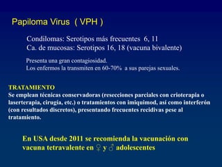 Papiloma Virus ( VPH )
Condilomas: Serotipos más frecuentes 6, 11
Ca. de mucosas: Serotipos 16, 18 (vacuna bivalente)
TRATAMIENTO
Se emplean técnicas conservadoras (resecciones parciales con crioterapia o
laserterapia, cirugía, etc.) o tratamientos con imiquimod, así como interferón
(con resultados discretos), presentando frecuentes recidivas pese al
tratamiento.
Presenta una gran contagiosidad.
Los enfermos la transmiten en 60-70% a sus parejas sexuales.
En USA desde 2011 se recomienda la vacunación con
vacuna tetravalente en ♀ y ♂ adolescentes
 