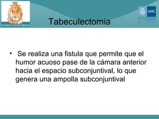 Tabeculectomia
• Se realiza una fistula que permite que el
humor acuoso pase de la cámara anterior
hacia el espacio subconjuntival, lo que
genera una ampolla subconjuntival
