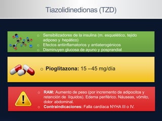 Tiazolidinedionas (TZD)
o Sensibilizadores de la insulina (m. esquelético, tejido
adiposo y hepático)
o Efectos antiinflam...