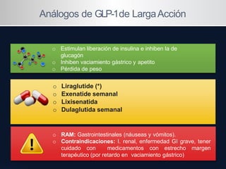 Análogos de GLP-1de LargaAcción
o Estimulan liberación de insulina e inhiben la de
glucagón
o Inhiben vaciamiento gástrico...