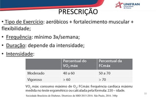 PRESCRIÇÃO
• Tipo de Exercício: aeróbicos + fortalecimento muscular +
flexibilidade;
• Frequência: mínimo 3x/semana;
• Duração: depende da intensidade;
• Intensidade:
10
Sociedade Brasileira de Diabetes. Diretrizes da SBD 2015-2016. São Paulo, 2016. 348p
 