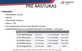 PRÉ-MISTURAS
• Indicações:
– Dificuldades visuais;
– Idosos;
– Dificuldade motoras;
– Hba1c > 7%;
– Em monoterapia oral ou única dose de insulina;
– ASSINTOMÁTICOS OU GLICEMIAS PRÉ-CAFÉ OU JANTAR > 110 mg/dl.
29
Sociedade Brasileira de Diabetes. Diretrizes da SBD 2015-2016. São Paulo, 2016. 348p
 