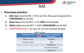 AAS
• Prevenção primária:
1. Alto risco (risco de DCV > 10 %) sem Fat. Risco para sangramento:
CONSIDERAR uso de AAS
2. Baixo risco (risco de DCV > 5 %): NÃO recomendado
3. Médio risco (risco de DCV 5-10%): CONSIDERAR uso de AAS
4. CONTRAINDICADO: < 21 anos  risco de síndrome de Reye.
41
Pacientes com DM no mínimo 1 outro fator de
risco p/ DCV:
Homens > 50 a Tabagismo
Mulheres > 60a HAS
Dislipidemia
HF de DCV prematura
Albuminúria
Fatores de alto risco
 