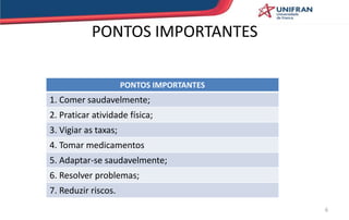 PONTOS IMPORTANTES
PONTOS IMPORTANTES
1. Comer saudavelmente;
2. Praticar atividade física;
3. Vigiar as taxas;
4. Tomar medicamentos
5. Adaptar-se saudavelmente;
6. Resolver problemas;
7. Reduzir riscos.
6
 