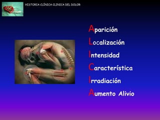 HISTORIA CLÍNICA CLINICA DEL DOLOR
Aparición
Localización
Intensidad
Característica
Irradiación
Aumento Alivio
 