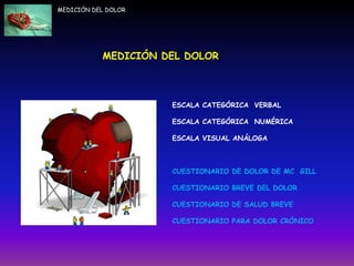 MEDICIÓN DEL DOLOR
ESCALA CATEGÓRICA VERBAL
ESCALA CATEGÓRICA NUMÉRICA
ESCALA VISUAL ANÁLOGA
CUESTIONARIO DE DOLOR DE MC GILL
CUESTIONARIO BREVE DEL DOLOR
CUESTIONARIO DE SALUD BREVE
CUESTIONARIO PARA DOLOR CRÓNICO
MEDICIÓN DEL DOLOR
 