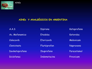 Ketoprofeno
Ketorolac
Meloxicam
Naproxeno
Paracetamol
Piroxicam
A.A.S
Ac. Mefenamico
Celecoxib
Clonixinato
Dexketoprofeno
Diclofenac
Dipirona
Etodolac
Etoricoxib
Flurbiprofen
Ibuprofeno
Indometacina
AINEs Y ANALGÉSICOS EN ARGENTINA
AINEs
 