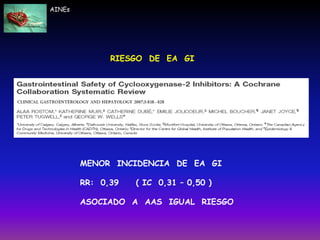 MENOR INCIDENCIA DE EA GI
RR: 0,39 ( IC 0,31 – 0,50 )
ASOCIADO A AAS IGUAL RIESGO
AINEs
RIESGO DE EA GI
 