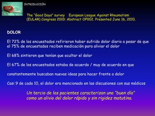 DOLOR
El 72% de los encuestados refirieron haber sufrido dolor diario a pesar de que
el 75% de encuestados reciben medicación para aliviar el dolor
El 68% sintieron que tenían que ocultar el dolor
El 67% de los encuestados estaba de acuerdo / muy de acuerdo en que
constantemente buscaban nuevas ideas para hacer frente a dolor
Casi 9 de cada 10, el dolor era mencionado en las discusiones con sus médicos
Un tercio de los pacientes caracterizan una “buen día”
como un alivio del dolor rápido y sin rigidez matutina.
The “Good Days” survey European League Against Rheumatism
(EULAR) Congress 2010: Abstract OP002. Presented June 16, 2010.
INTRODUCCIÓN
 